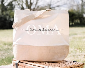 Personalisierte Jute Tasche Oma / Geschenk Muttertag / Jutetasche / Geburt / mit Kindernamen Enkelkinder / Überraschung Est. Geburtsjahre