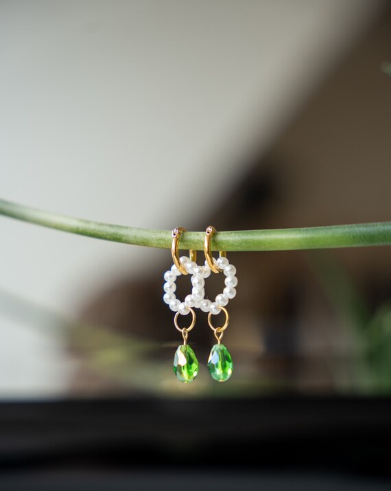 Boucles D'oreilles Pendantes Fait Main Perle Et Feuille Verte - Dormeuses En Acier Inoxydable