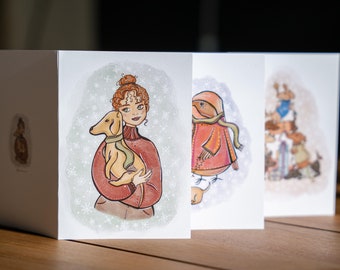 3x Teckel Kerstkaarten (set van 3) - Handgetekend- Wenskaart- Kerstmis- Illustratie Kaarten- Tekening- A6 formaat