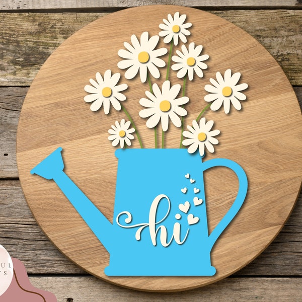 Hi Watering Can Flowers Sign SVG | Floral Door Hanger Digital Download | Glowforge & Cricut File | Spring Garden Decoration | DIY Laser Cut