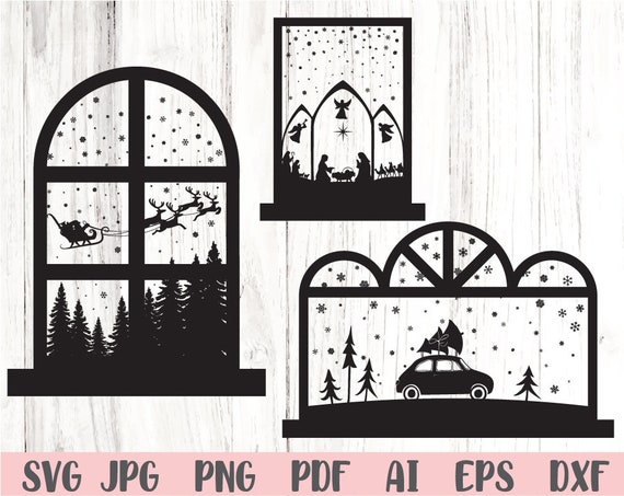 Christmas scene using Cricut machine, black vinyl, frosted window cling,  decorative glass blo…