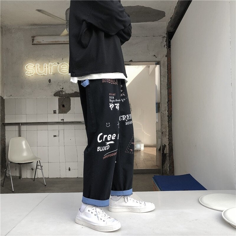 Harajuku Straight Leg Denim Streetwear Trousers - Etsy UK