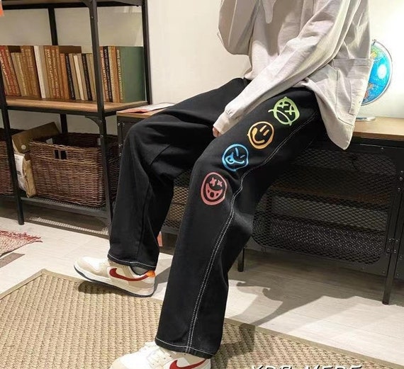 Colourful Smiley Printed Baggy Jeans 