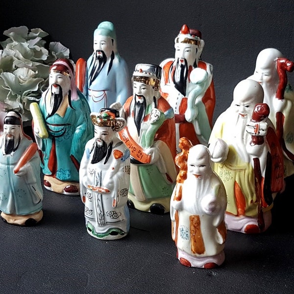 Figurines chinoises en porcelaine Feng Shui / Shou Lu et Fu / Dieux de la bonne chance / Signification longévité, bonheur et richesse / Statues chinoises vintage