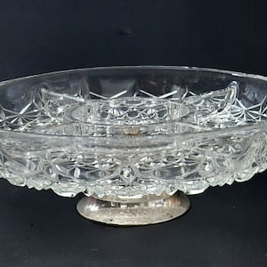 Antique embossed glass pedestal bowl , Raised on pedestal foot, Ornate display decor , Vintage fruit bowl , Centerpiece , Glass tray