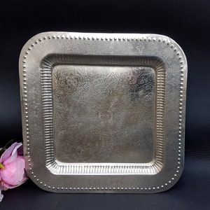 Square silver tray / Vintage silver plate tray / Square footed silver tray, vanity tray, serving tray / decorative silver tray / footed tray