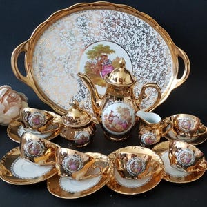 Gold Germany  tea set, decorated with fragonard decor, Teaset with 6 teacups