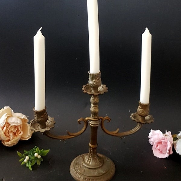 Brass Candelabra, Candle Holder, Wedding Decor, 3 Arm Candelabra Dining Tablescape, Vintage Candelabra, Antique Brass Tabletop Centerpiece