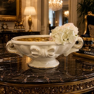 Puede incluir: Un centro de mesa de cerámica blanca con detalles dorados y lazos, lleno de flores blancas. El cuenco tiene un interior dorado y se asienta sobre una superficie de mármol oscuro. Decorativo y elegante.