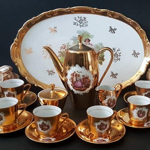 Tea Service Porcelain Vintage Tea Cups 70s Teapot Courting couple Germany Tea Service Pot and cups Gold White porcelain tea set