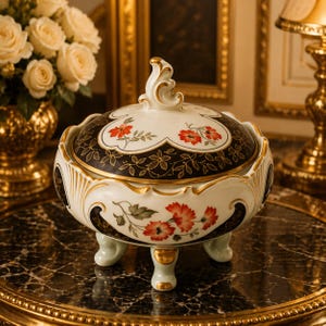Op de afbeelding: Een decoratieve porseleinen kom met deksel en bloemmotief. De kom is wit met zwarte en gouden accenten en rode bloemen. Hij heeft drie kleine voetjes en een decoratieve handgreep op het deksel. De kom staat op een marmeren oppervlak.