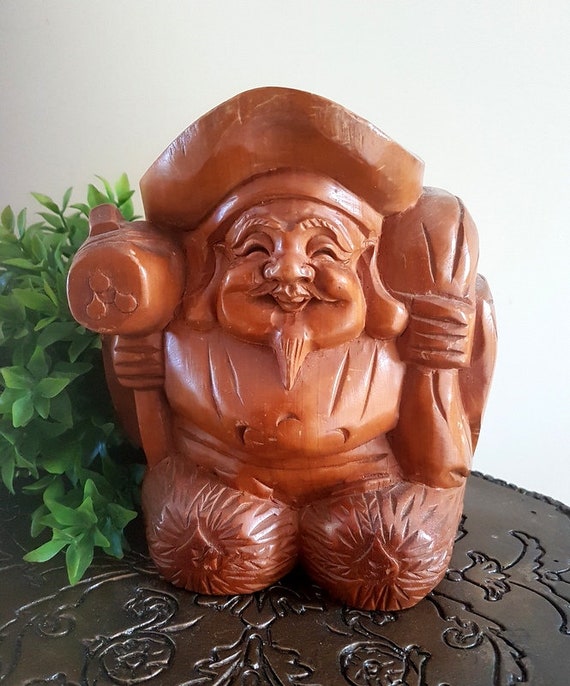 ヴィンテージ ハッピー ブッダ、大きな木製仏像、彫刻された大きな仏像