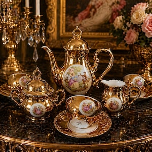 Könnte beinhalten: Ein goldfarbenes Teeservice mit Teekanne, Zuckerdose, Sahnekännchen und Tassen. Jedes Stück zeigt eine ovale Szene mit Menschen in einem Garten. Das Set steht auf einem dunklen, verzierten Tisch.