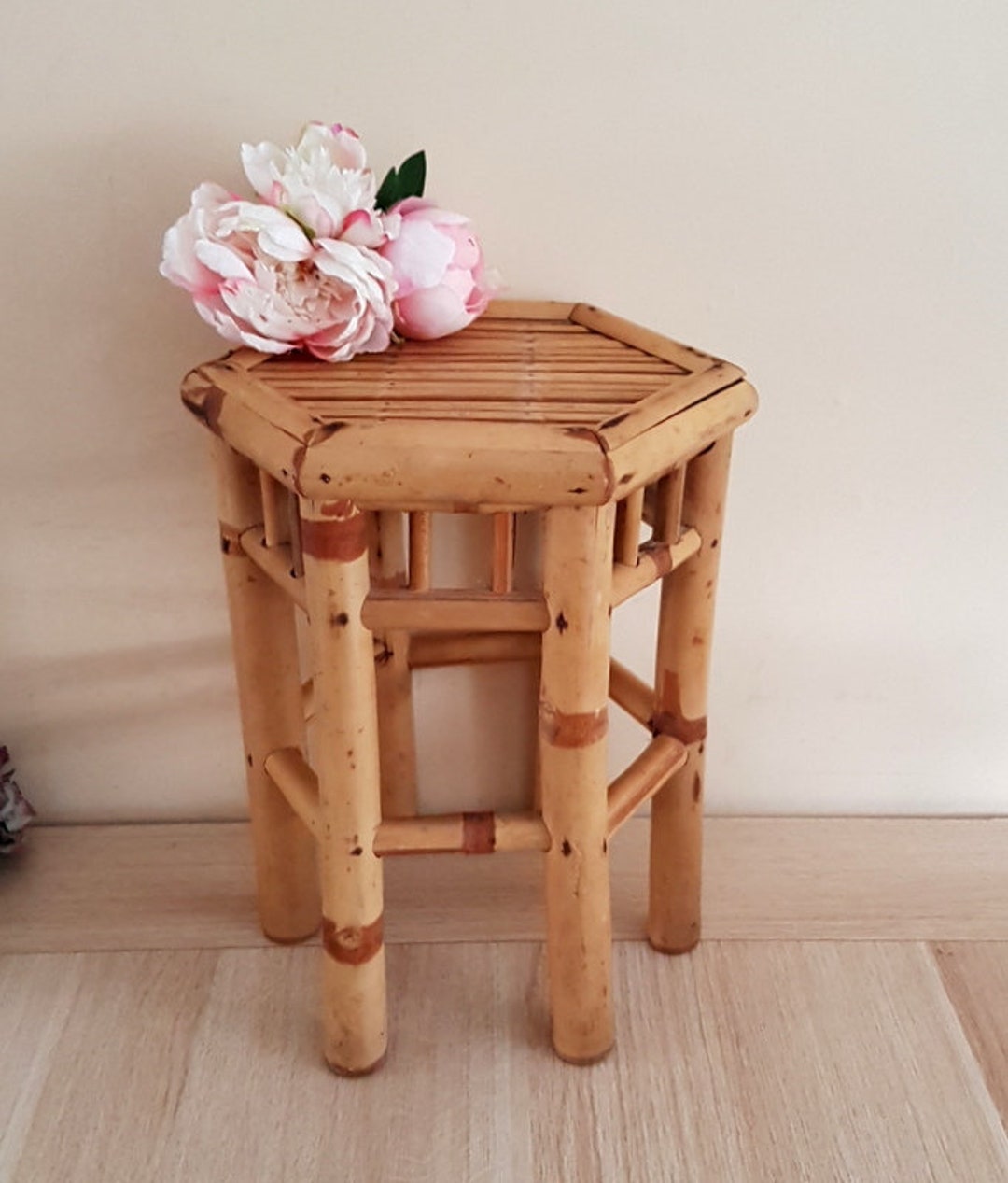 Bamboo Plant Stand// Vintage Wooden Plant Stand// Rustic Beige Accent