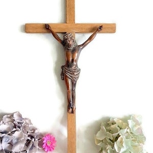 Vintage Wood Brass Crucifix Hanging Figurine Solid Copper  European Old Cross Jesus Christ INRI Catholic Spiritual Art Deco Religious Decor