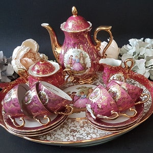 Red Bavaria Tea Set, Decorated With Fragonard Decor, Teaset With 6