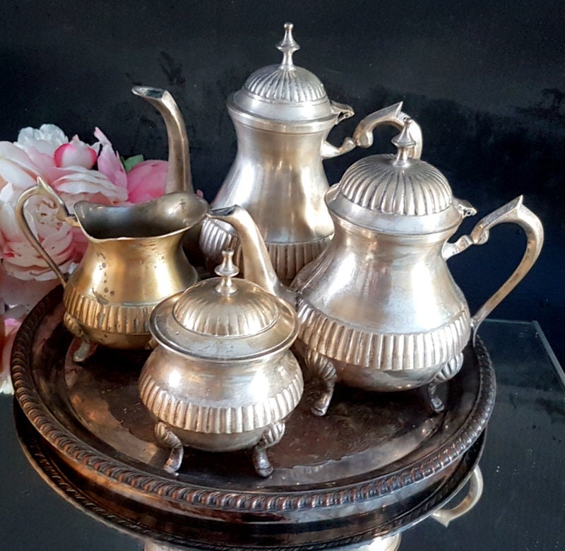 Image showcasing Vintage Art Deco Silver Plated Tea Set Vintage Silver Silver - Etsy