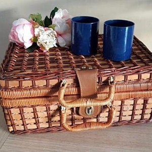 Panier Pique-nique Vintage En Osier - Valise Bohème - Années 70 - Marron - Occasion