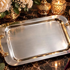 May include: A rectangular silver-toned serving tray featuring a polished metallic finish and two curved gold-toned metal handles attached to the shorter sides. The tray has a smooth, flat central surface with rounded corners and a raised border edge.