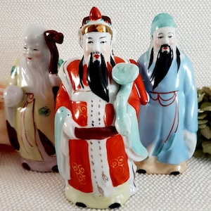 Chinese Feng Shui Porcelain Figurines/ Shou Lu and Fu/ Good Luck Gods/Meaning Longevity Happiness and Wealth/ Vintage Chinese Statues