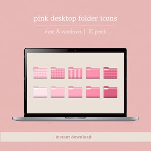Könnte beinhalten: Ein Laptop-Computer zeigt eine Reihe von 10 rosa Ordnersymbolen mit verschiedenen Mustern. Die Symbole sind in zwei Reihen mit jeweils fünf Symbolen angeordnet. Der Text "pink desktop folder icons" und "mac & windows | 10 pack" wird über den Symbolen angezeigt. Der Text "Instant download!" wird unter den Symbolen angezeigt.