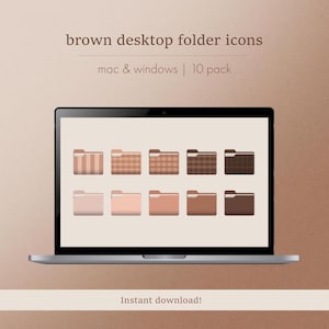 Puede incluir: Una pantalla de portátil muestra iconos de carpetas de escritorio marrones. Los iconos son de varios tonos marrones y presentan diferentes patrones. El texto en la parte superior dice "brown desktop folder icons" y "mac & windows | 10 pack". La parte inferior de la pantalla dice "Instant download!"