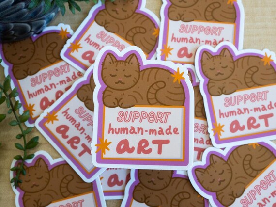 Anti-AI Cat Sticker | Support Human Art | 2.5 x 3 inch, Matte Vinyl