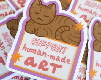 Anti-AI Waterproof Cat Sticker | Support Human Art | 2.5 x 3 inch, Matte Vinyl