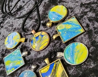 UKRAINE ART NECKLACE, Stand With Ukraine, Fluid Art Round & Square Bronze Pendant Necklace, Ukraine Freedom Jewelry, Gift For Her