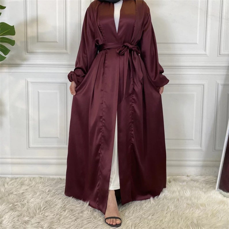 Satin Open Abaya With Cuffed Elastic Sleeves and Matching Belt Etsy