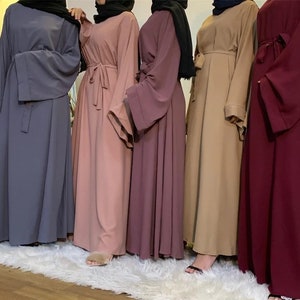 Womens Long Closed Abaya Dress with Wide Kimono Sleeves and Matching Belt image 1