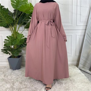 Womens Long Closed Abaya Dress with Wide Kimono Sleeves and Matching Belt Candy Pink