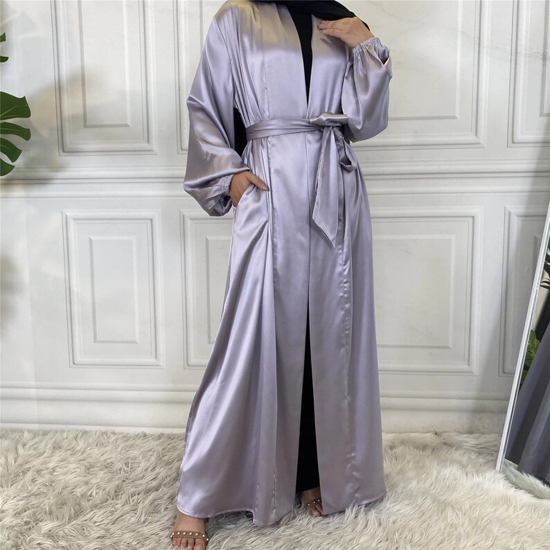 Satin Open Abaya With Cuffed Elastic Sleeves and Matching Belt Etsy