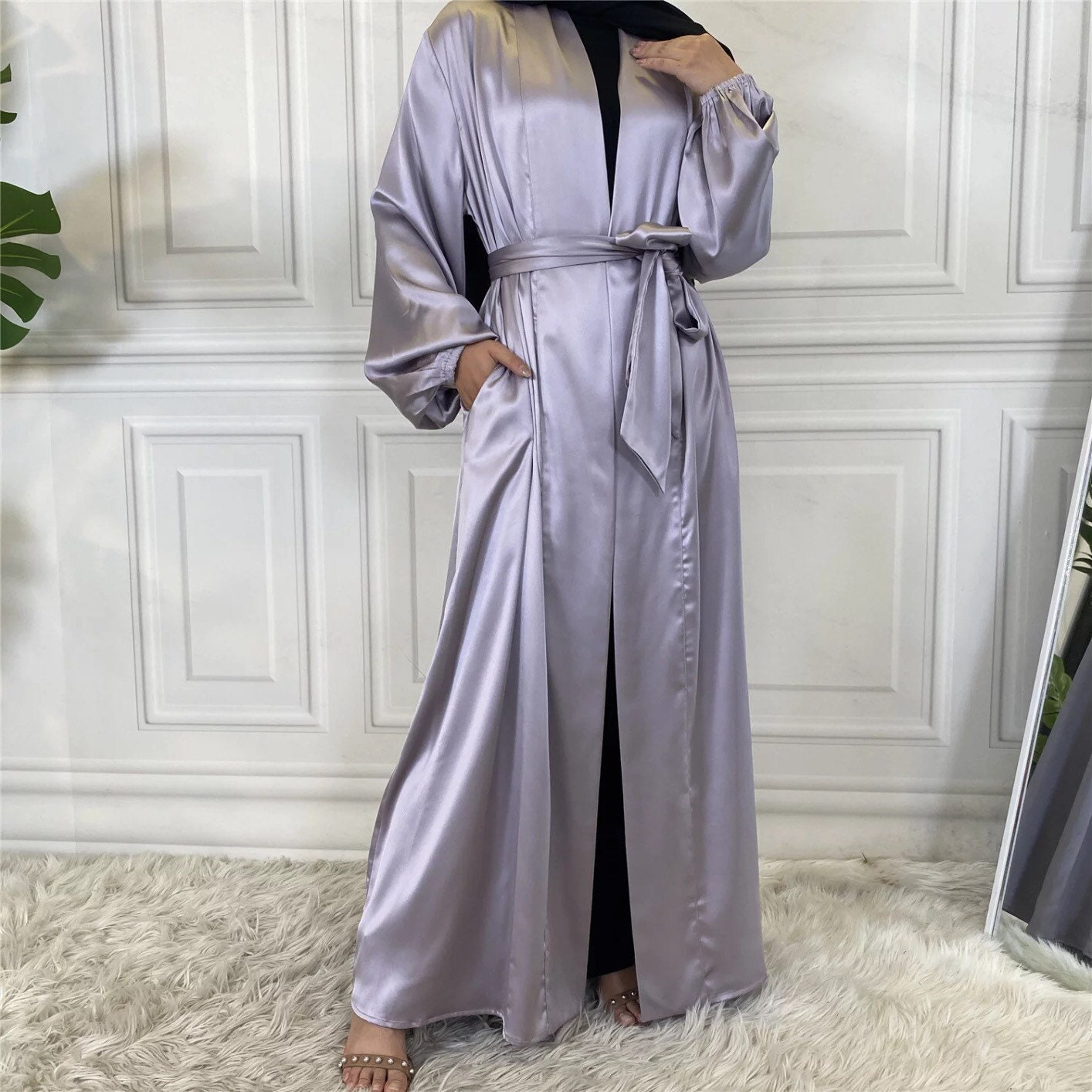 Satin Open Abaya With Cuffed Elastic Sleeves and Matching Belt - Etsy UK