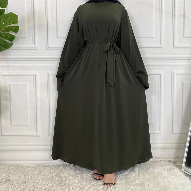 Womens Long Closed Abaya Dress with Wide Kimono Sleeves and Matching Belt Khaki
