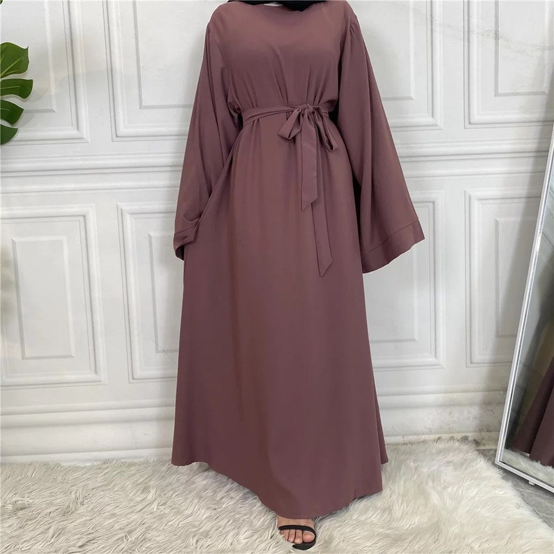Womens Long Closed Abaya Dress with Wide Kimono Sleeves and Matching Belt Dusty Purple