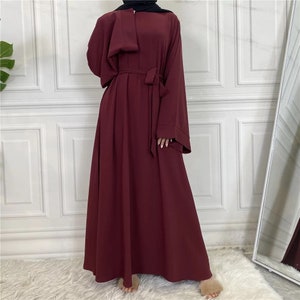 Womens Long Closed Abaya Dress with Wide Kimono Sleeves and Matching Belt Maroon