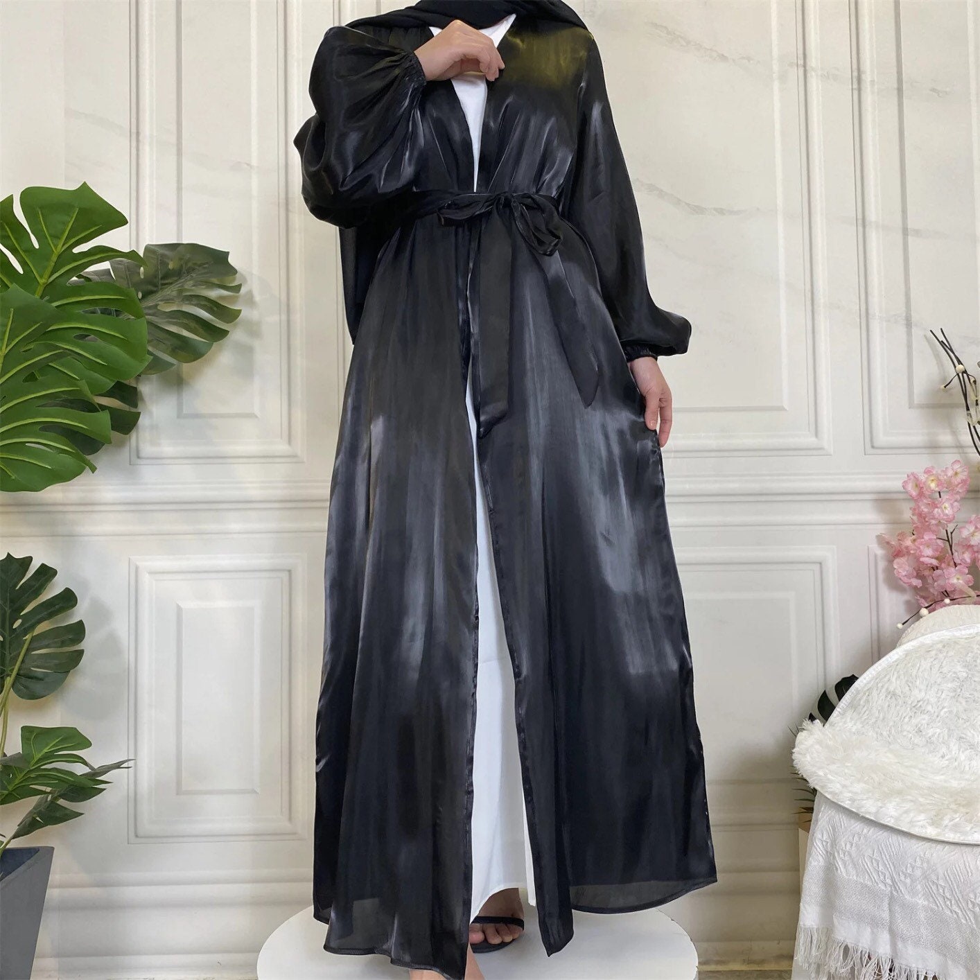 SLIM FIT Summer Shimmer Satin Open Duster Abaya With Matching - Etsy UK