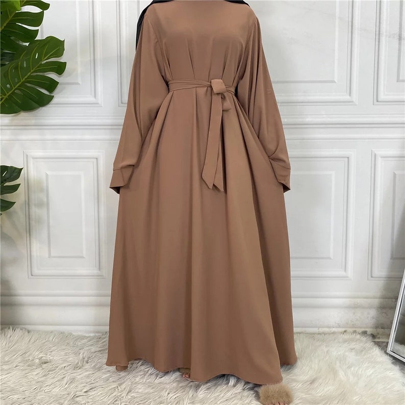 Womens Long Closed Abaya Dress with Wide Kimono Sleeves and Matching Belt Tan Brown