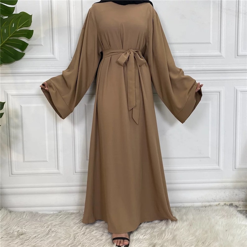 Womens Long Closed Abaya Dress with Wide Kimono Sleeves and Matching Belt Camel Brown