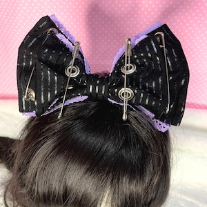 Punk Pinstripe Safety Pin Hair Bow, Lavender, Black, Kawaii, Lace, Polka Dots, Jirai Kei, Goth, Scene, Emo, Hair Accessories, Headband,