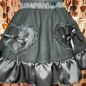 Gothic Lolita Jirai Kei Black Circle Skirt, Plus Size, Hearts, Satin Ruffles, Elastic Waist, Lacing, Guro Kawaii, Pastel Goth, Visual Kei