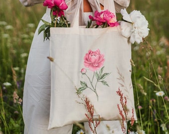 Floral Tote Bag, Canvas Tote Bag Aesthetic, 100% Cotton Shopping Bag, Pink Flower Tote Bag, Everyday Beige Bag, Beautiful Gift For Her