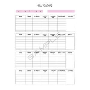 Bill Sheet Tracker Log Digital Download pdf