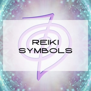 Könnte beinhalten: Ein violettes Reiki-Symbol mit einem wirbelnden Design vor einem Hintergrund aus Blau und Lila mit weißen Glitzerpunkten. Der Text "REIKI SYMBOLS" befindet sich unter dem Symbol.