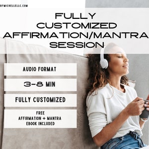 Può includere: Una donna con le cuffie e una camicia bianca è seduta su un divano, tenendo una tazza. Il testo sull'immagine dice "FULLY CUSTOMIZED AFFIRMATION/MANTRA SESSION", "AUDIO FORMAT", "3-8 MIN", "FULLY CUSTOMIZED", "FREE AFFIRMATION + MANTRA EBOOK INCLUDED", e "HEALBYMICHELLELLC.COM".