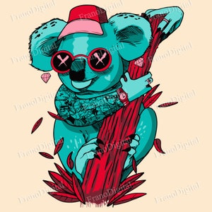 May include: A turquoise koala wearing a pink baseball cap, red sunglasses, and a watch, holding onto a red tree branch with its claws. The koala has tattoos on its arms and a heart on its chest. The background is a light beige color.