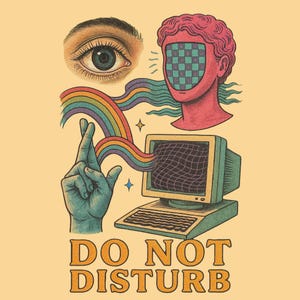 May include: A retro-style illustration with a computer, a rainbow, a hand with crossed fingers, an eye, and a bust with a checkered face. The text "DO NOT DISTURB" is written in orange and yellow letters.