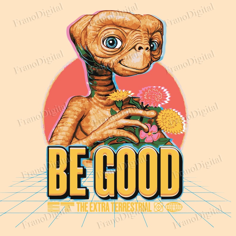 Pode incluir: Uma ilustra&ccedil;&atilde;o de estilo retro de um alien&iacute;gena amig&aacute;vel segurando flores com o texto "BE GOOD" e "ET THE EXTRA TERRESTRIAL" em um padr&atilde;o de grade amarelo e azul.