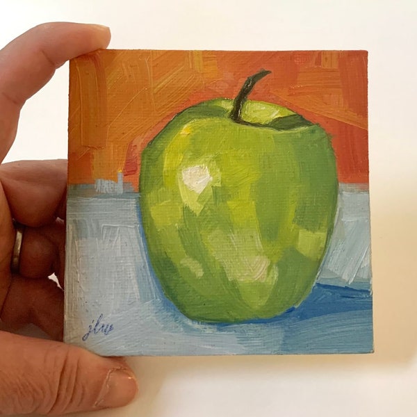 Peinture pomme verte sur fond orange | peinture à l'huile originale sur toile miniature | art culinaire | art de la cuisine | chevalet miniature inclus